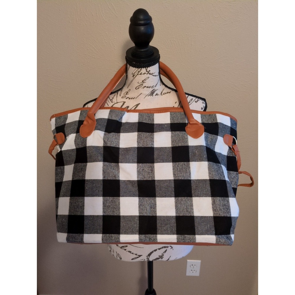 Threaded Pear Black Plaid Tote Bag